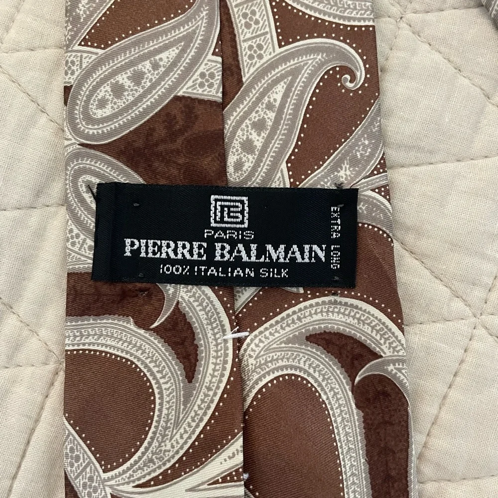 PIERRE BALMAIN Vintage Paisley Print Extra Long Silk Necktie in Browns &‎ Cream